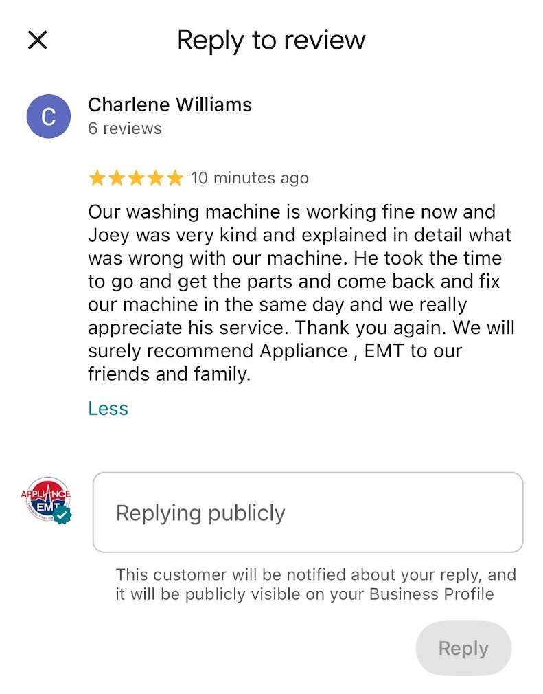 Charlene Williams' five-star review mentioning Joey